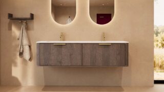 Rond hangend donker eiken badkamermeubel 160 cm met vlak front en dubbele mat witte solid surface wastafel