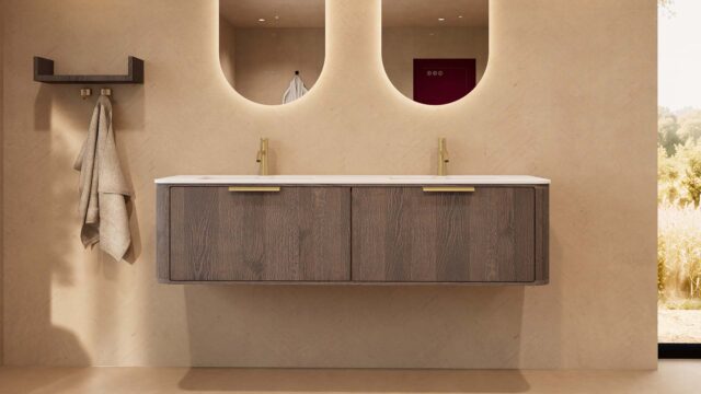 Rond hangend donker eiken badkamermeubel 160 cm met vlak front en dubbele mat witte solid surface wastafel