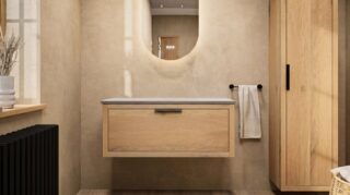 Modern naturel eiken badkamermeubel 100 cm met enkele lade, vlak front en grijs limestone blad met witte waskom
