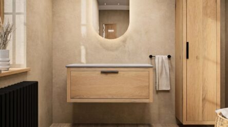 Modern naturel eiken badkamermeubel 100 cm met enkele lade, vlak front en grijs limestone blad met witte waskom
