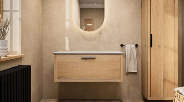 Modern naturel eiken badkamermeubel 100 cm met enkele lade, vlak front en grijs limestone blad met witte waskom