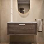 Modern naturel eiken badkamermeubel 100 cm met enkele lade, vlak front en grijs limestone blad met witte waskom