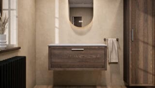 Modern naturel eiken badkamermeubel 100 cm met enkele lade, vlak front en grijs limestone blad met witte waskom