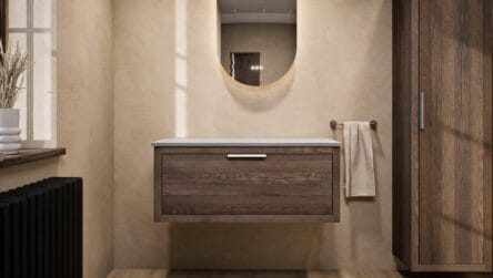 Modern naturel eiken badkamermeubel 100 cm met enkele lade, vlak front en grijs limestone blad met witte waskom