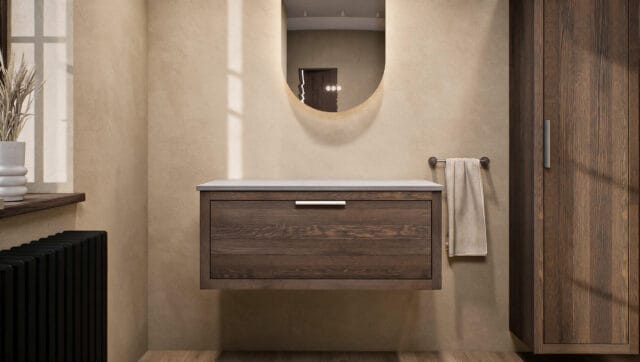 Modern naturel eiken badkamermeubel 100 cm met enkele lade, vlak front en grijs limestone blad met witte waskom