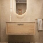Hangend donker eiken badkamermeubel 100 cm met één lade en grijs limestone blad