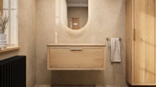 Hangend donker eiken badkamermeubel 100 cm met één lade en grijs limestone blad