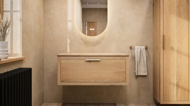 Hangend donker eiken badkamermeubel 100 cm met één lade en grijs limestone blad