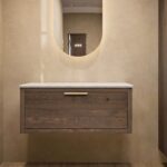 Modern naturel eiken badmeubel 100 cm met één lade en Bianco Carrara marmer blad met waskom