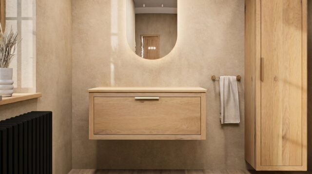 Hangend donker eiken badkamermeubel 100 cm met enkele lade en marmer blad met witte waskom