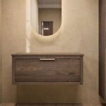 Modern naturel eiken badkamermeubel 100 cm met enkele lade, vlak front en massief eiken blad met witte waskom