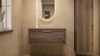Modern naturel eiken badkamermeubel 100 cm met enkele lade, vlak front en massief eiken blad met witte waskom
