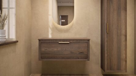 Modern naturel eiken badkamermeubel 100 cm met enkele lade, vlak front en massief eiken blad met witte waskom