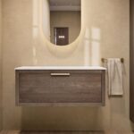 Hangend modern badkamermeubel 100 cm naturel eiken met één lade en solid surface met witte waskom