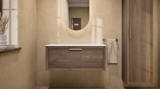 Hangend modern badkamermeubel 100 cm naturel eiken met één lade en solid surface met witte waskom