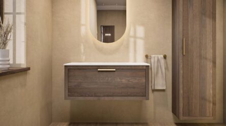 Hangend modern badkamermeubel 100 cm naturel eiken met één lade en solid surface met witte waskom