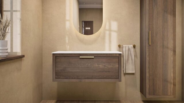 Hangend modern badkamermeubel 100 cm naturel eiken met één lade en solid surface met witte waskom