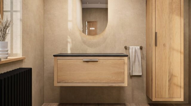 Hangend donker eiken wastafelmeubel 100 cm met enkele lade en solid surface blad met waskom