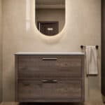 Modern naturel eiken badkamermeubel 100 cm met dubbele lade, vlak front en grijs limestone blad met witte waskom