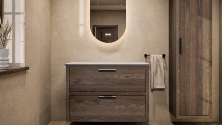 Modern naturel eiken badkamermeubel 100 cm met dubbele lade, vlak front en grijs limestone blad met witte waskom