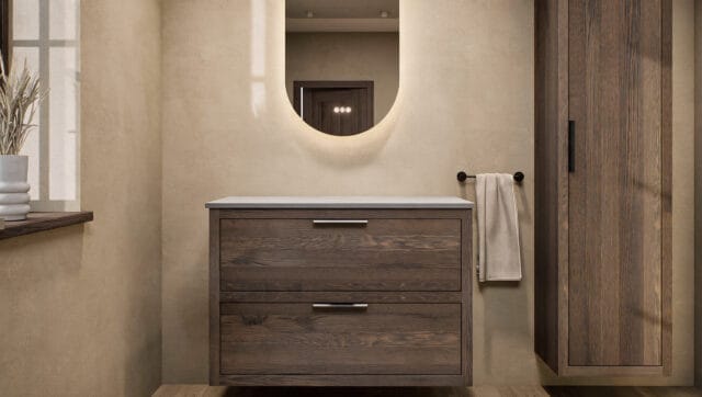 Modern naturel eiken badkamermeubel 100 cm met dubbele lade, vlak front en grijs limestone blad met witte waskom