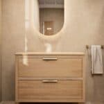 Hangend donker eiken badkamermeubel 100 cm met twee lades en grijs limestone blad