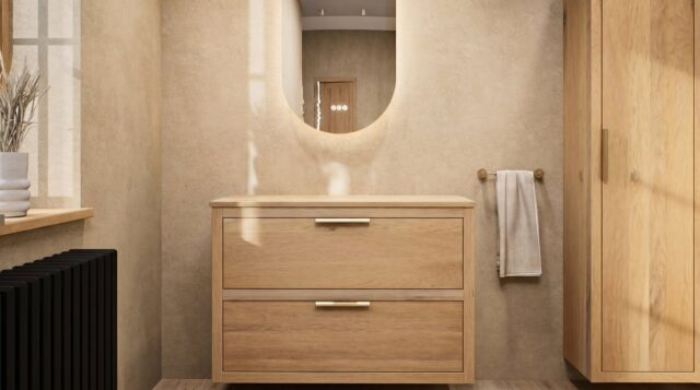 Hangend donker eiken badkamermeubel 100 cm met twee lades en grijs limestone blad