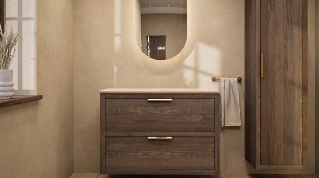 Hangend naturel eiken badkamermeubel 100 cm met dubbele lade en limestone blad met witte waskom