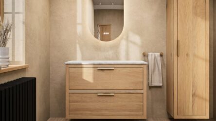 Hangend donker eiken badkamermeubel 100 cm met dubbele lade en limestone blad met witte waskom