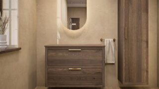 Modern naturel eiken badkamermeubel 100 cm met dubbele lade, vlak front en massief eiken blad met witte waskom