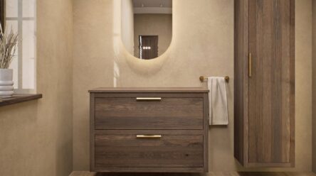 Modern naturel eiken badkamermeubel 100 cm met dubbele lade, vlak front en massief eiken blad met witte waskom