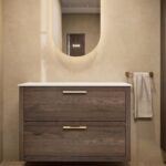 Modern hangend wastafelmeubel 100 cm massief eiken met dubbele lade en solid surface waskom