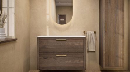 Modern hangend wastafelmeubel 100 cm massief eiken met dubbele lade en solid surface waskom
