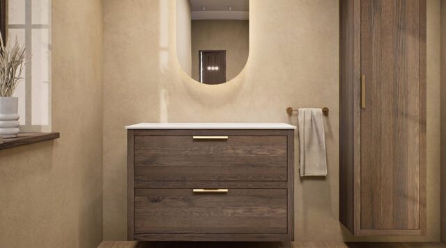 Modern hangend wastafelmeubel 100 cm massief eiken met dubbele lade en solid surface waskom