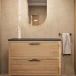 Hangend donker eiken wastafelmeubel 100 cm met dubbele lade en solid surface blad met waskom