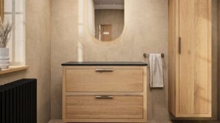 Hangend donker eiken wastafelmeubel 100 cm met dubbele lade en solid surface blad met waskom