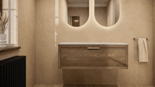 Massief naturel eiken badkamermeubel 120 cm met enkele lade, vlak front en grijs limestone blad met 2 waskommen