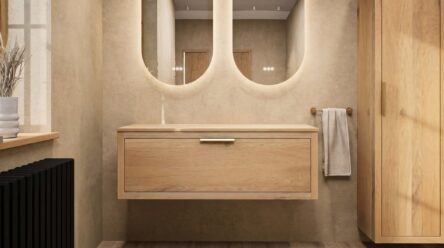 Hangend donker eiken badkamermeubel 120 cm met één lade en grijs limestone blad