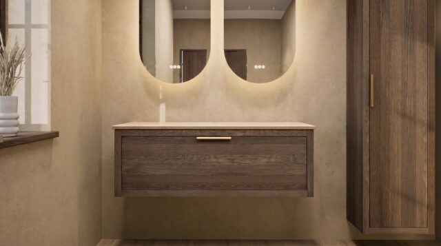 Hangend naturel eiken wastafelmeubel 120 cm met enkele lade en limestone blad met twee witte waskommen