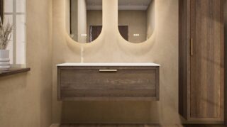 Modern hangend wastafelmeubel 120 cm naturel eiken met één lade en solid surface met 2 waskommen