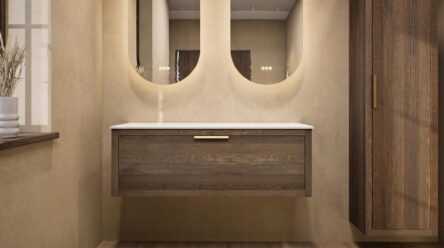 Modern hangend wastafelmeubel 120 cm naturel eiken met één lade en solid surface met 2 waskommen