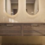 Modern naturel eiken badkamermeubel 160 cm met enkele lade, vlak front en massief eiken blad met witte waskom