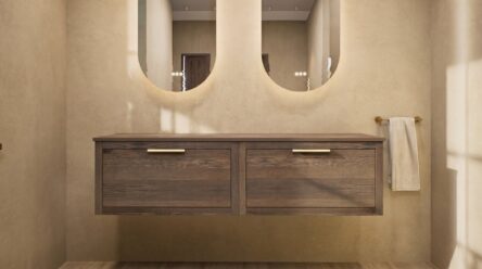 Modern naturel eiken badkamermeubel 160 cm met enkele lade, vlak front en massief eiken blad met witte waskom