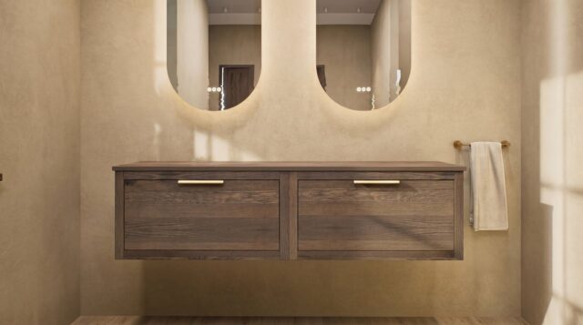 Modern naturel eiken badkamermeubel 160 cm met enkele lade, vlak front en massief eiken blad met witte waskom