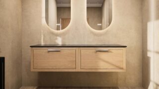 Hangend donker eiken wastafelmeubel 160 cm met enkele lade en solid surface blad met waskom
