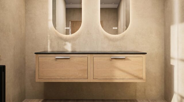 Hangend donker eiken wastafelmeubel 160 cm met enkele lade en solid surface blad met waskom