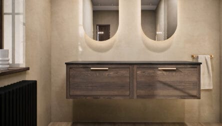 Hangend naturel eiken badkamermeubel 160 cm met enkele lade en granieten blad met witte waskom