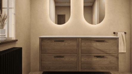Modern naturel eiken badkamermeubel 160 cm met dubbele lade, vlak front en grijs limestone blad met witte waskom