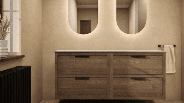 Modern naturel eiken badkamermeubel 160 cm met dubbele lade, vlak front en grijs limestone blad met witte waskom