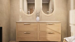 Hangend donker eiken badkamermeubel 160 cm met twee lades en grijs limestone blad